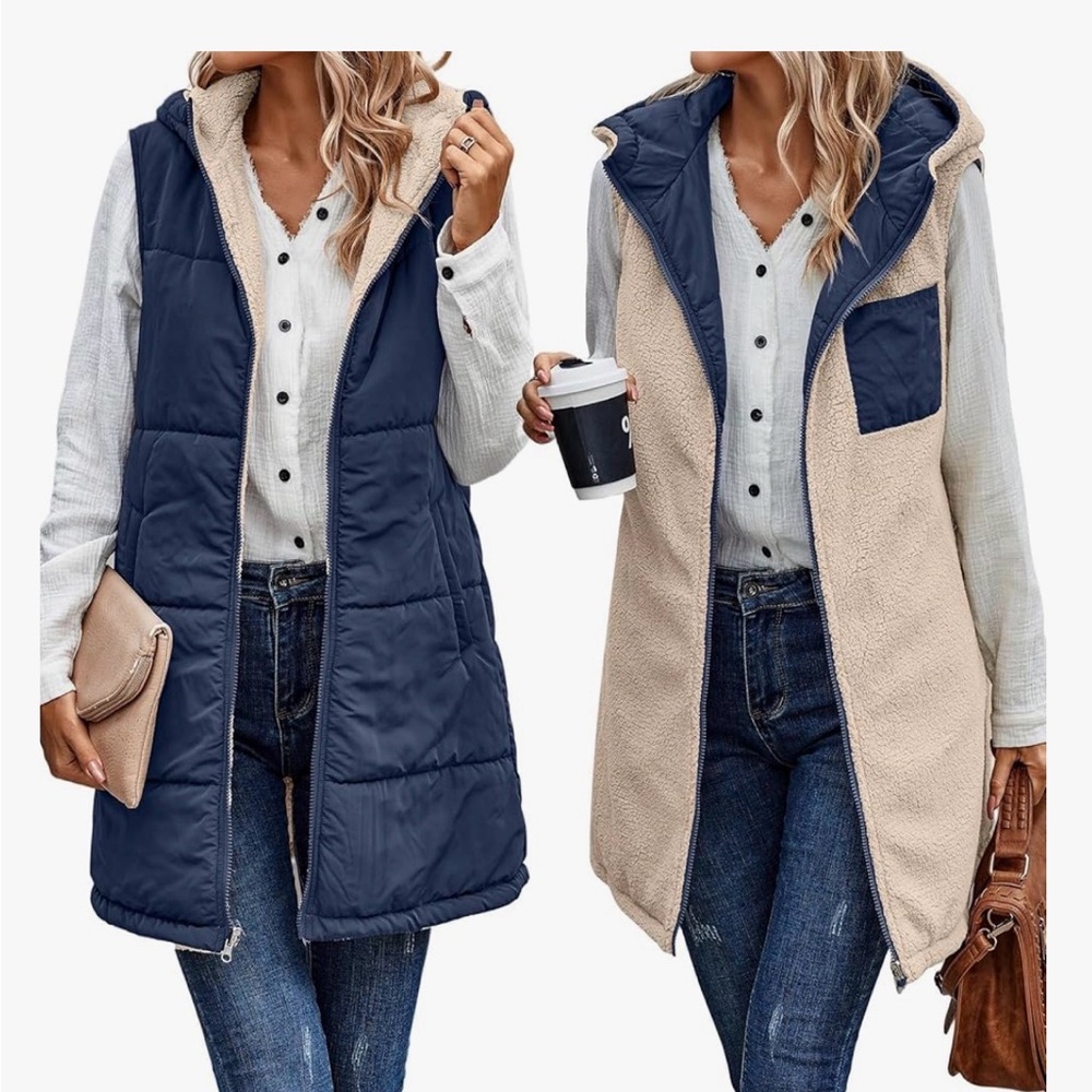 Amazon Navy Blue Hooded Vest with Cream Lining. Reversible!!